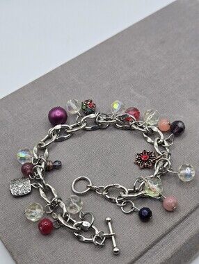 Vintage Silver Chunky Charm Bracelet 90s Y2k Red Purple Crystals 8" Whimsical